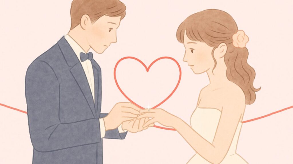 男性が女性に結婚指輪をはめる画像