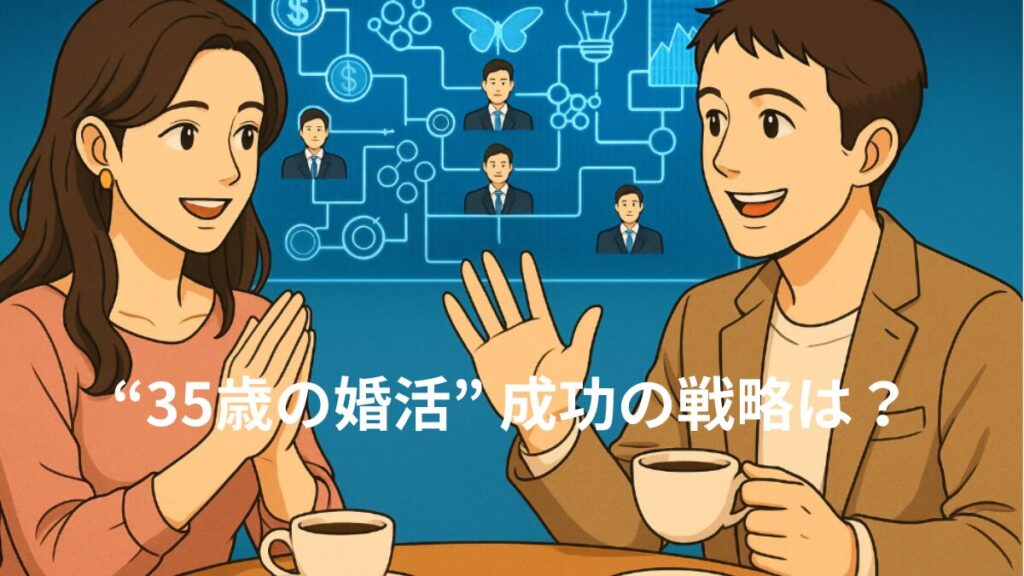 35歳からの婚活は戦略が大事！カフェでお見合いをしながら戦略を考える男女の画像