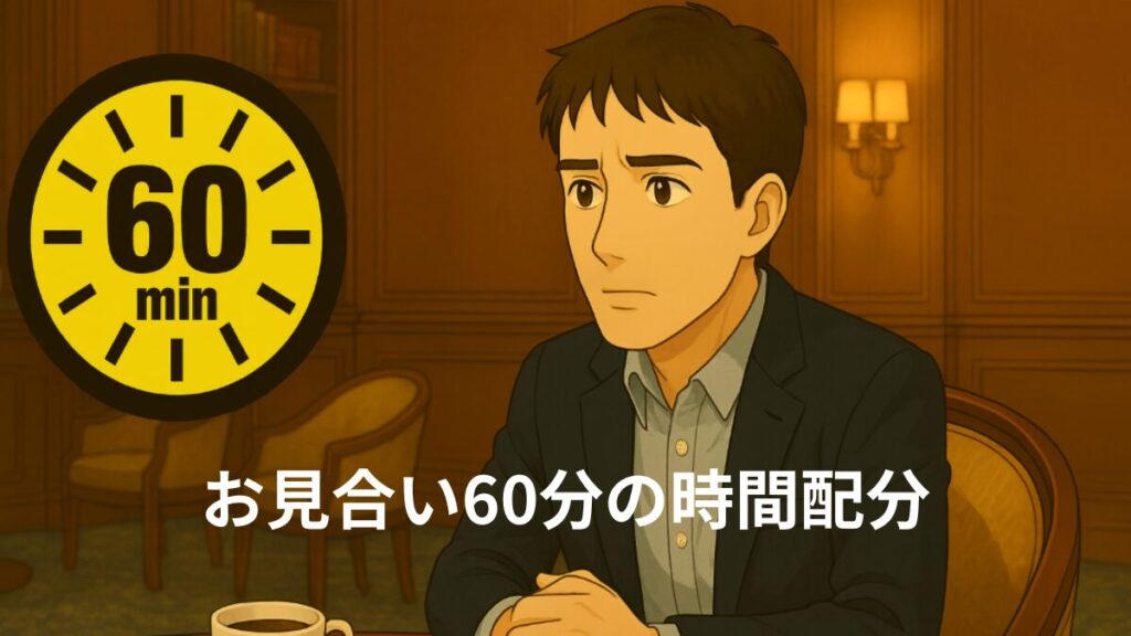 お見合い60分の時間配分
カフェでお見合いをどう進めようか考える男性の画像