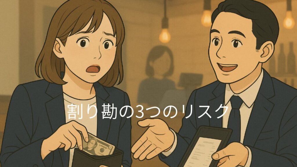 割り勘の３つのリスク
割り勘を要求する男と、奢ってくれないの？と衝撃を受ける女性の画像