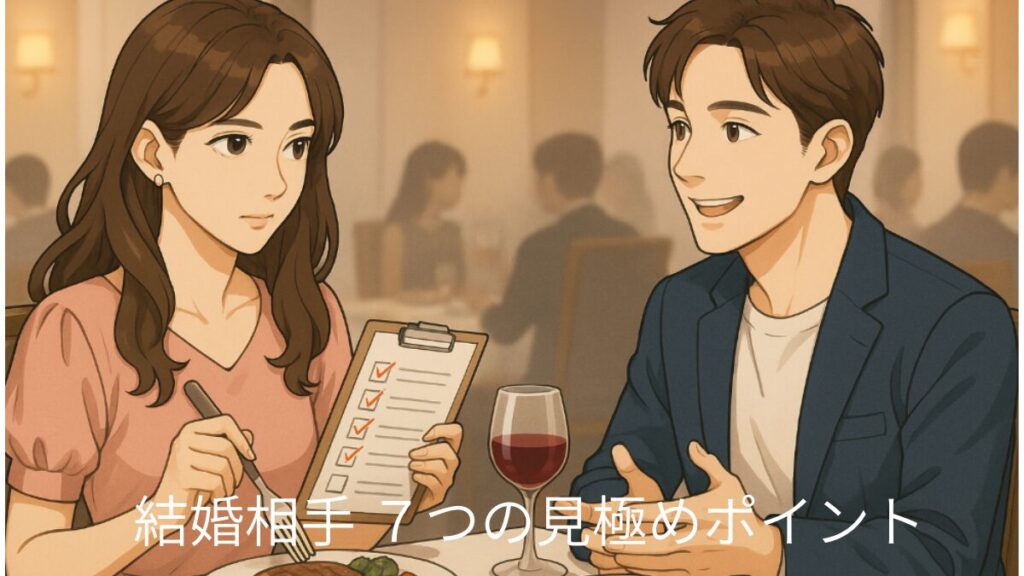 結婚相手の見極め 7つのポイント 食事をする男女 結婚相手として相応しい男性かどうかチェックリストでチェックする女性の画像