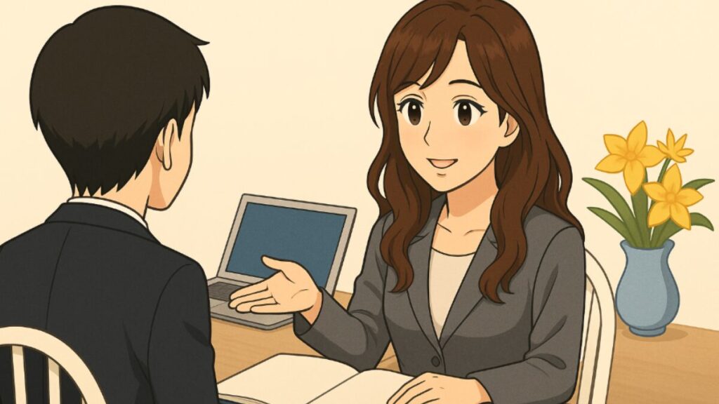 結婚相談所での面談で仲人にアドバイスをもらう男性の画像