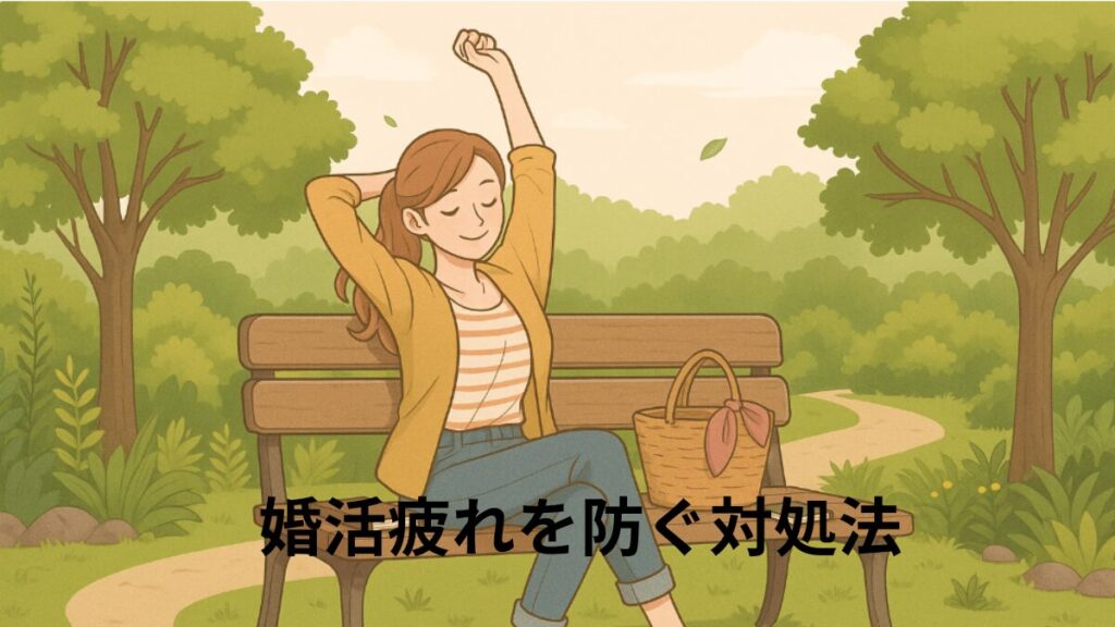 婚活疲れを防ぐ対処法　よく休み、気持ちを整理したり人に吐き出す　　
公園のベンチでくつろいでリフレッシュする女性