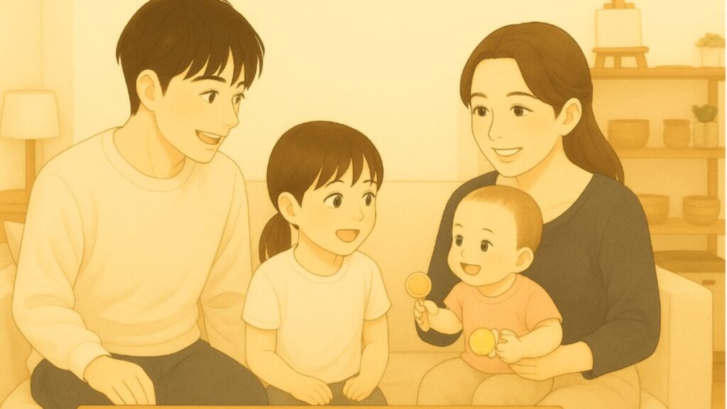 夫婦と子ども2人の一家団欒シーン