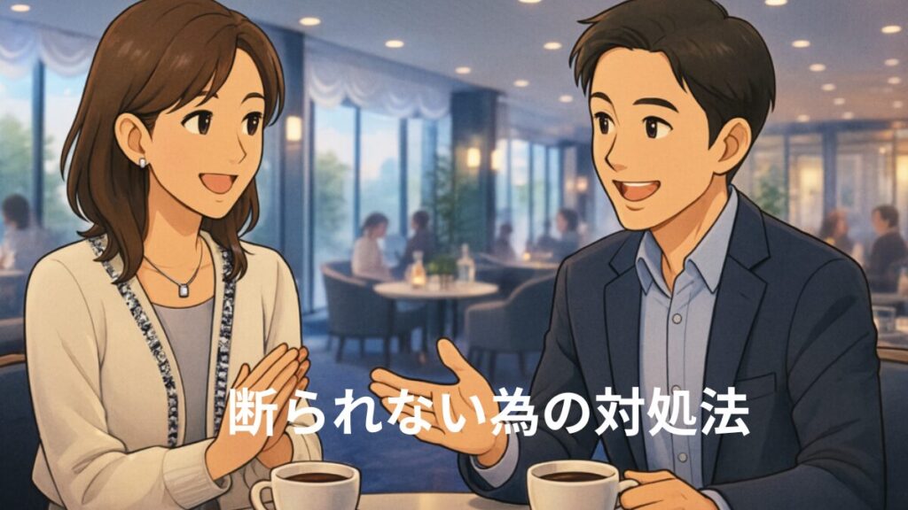 お見合いで断られない為の対処法　ホテルラウンジでお見合いする男女の画像　一方的話さず笑顔や礼儀を意識する。