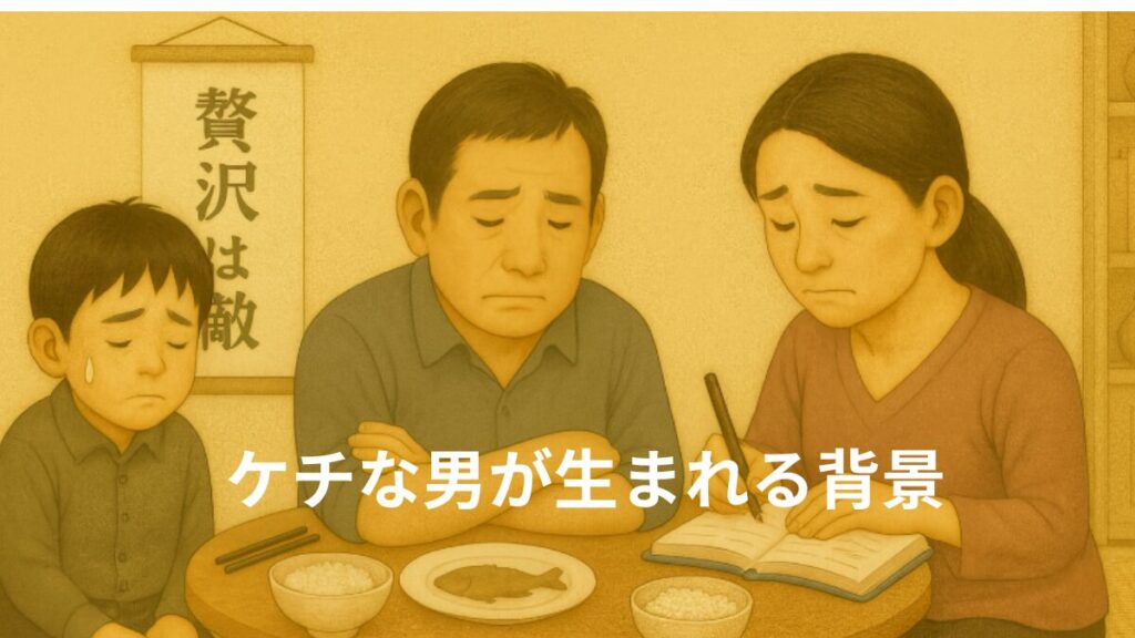 ケチな男が生まれる背景　貧乏な家庭や贅沢は悪いことという教えで育った場合はケチになりやすいことを表す画像
