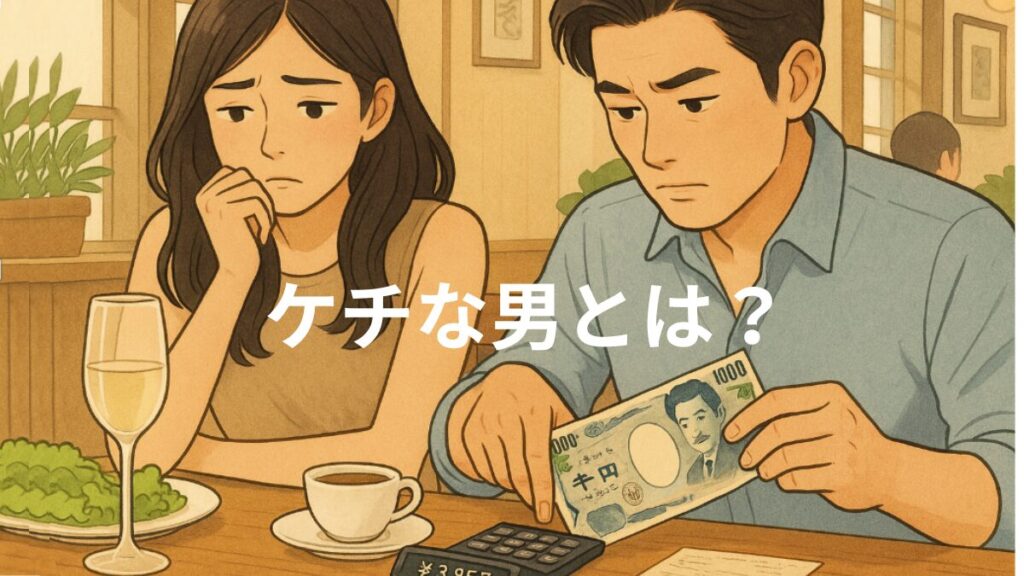 ケチな男の特徴　倹約家との違い　レストランでレシートを見ながら電卓で割り勘の料金を1円単位で計算する男とそれ呆れる女性の画像