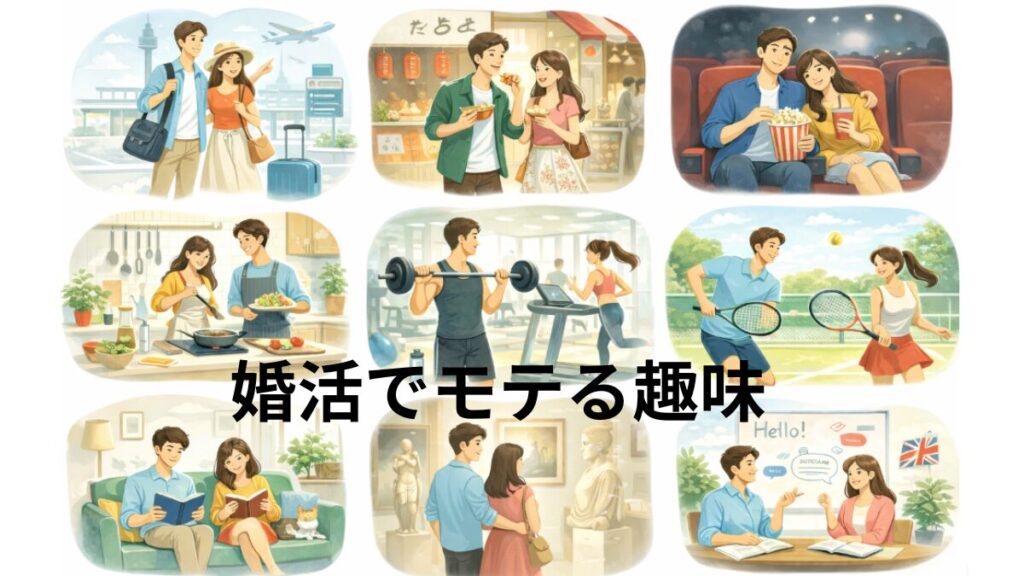 婚活でモテる趣味　食べ歩き　旅行　カフェ　映画　読書　スポーツ　料理