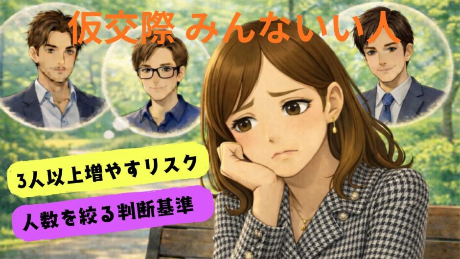 仮交際　みんないい人で決められない　3人以上増やすリスクと判断基準　3人の男性から好意を寄せられて悩む女性の画像