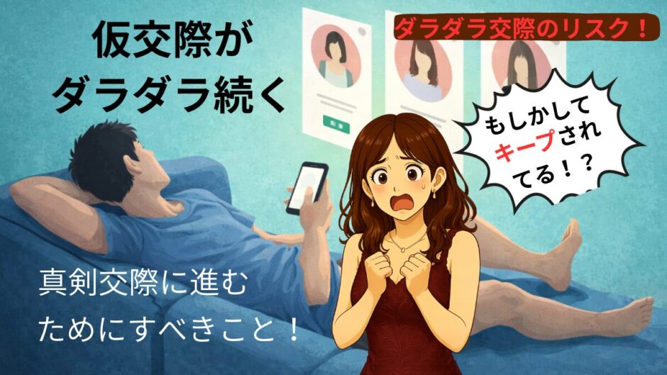 仮交際がダラダラ続くリスクと真剣交際に進むための解決策　ダラダラしながら女性のプロフィールを見眺めて女性を選んでいる男性の画像