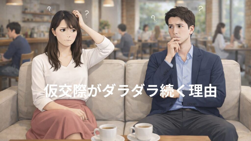 仮交際がダラダラ続く理由　仮交際開始から3ヶ月経つのに関係が進展せず距離感のある男女の画像