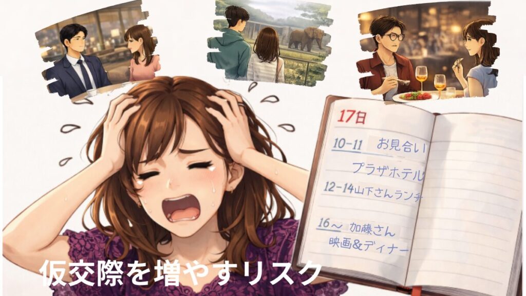 仮交際を増やしすぎるリスク お見合い、ランチ、デートと、男性との予定でパンパンとなりパンク寸前の女性の画像