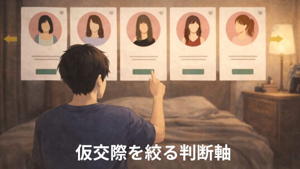 仮交際を絞る判断軸
複数の女性のプロフィールを見ながら仮交際を整理する男性の画像 会うのが自然 本当に譲れない条件を整理 将来の話をできる