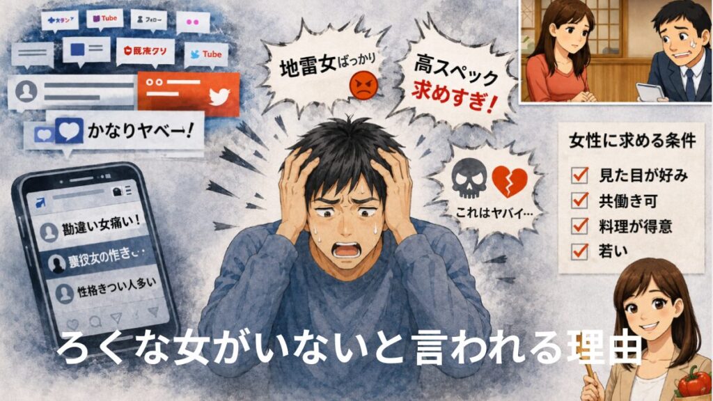 結婚相談所にろくな女がいないと言われる理由について表したイラスト。SNSの口コミや高すぎる条件が原因。