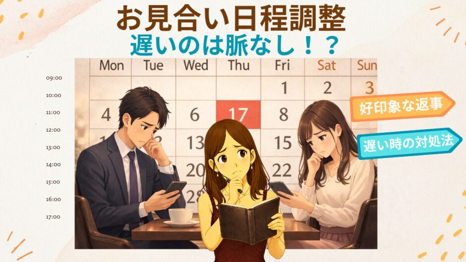 お見合いの日程調整遅いのには理由がある手帳やカレンダーを見ながらスケジュール調整する男女の画像