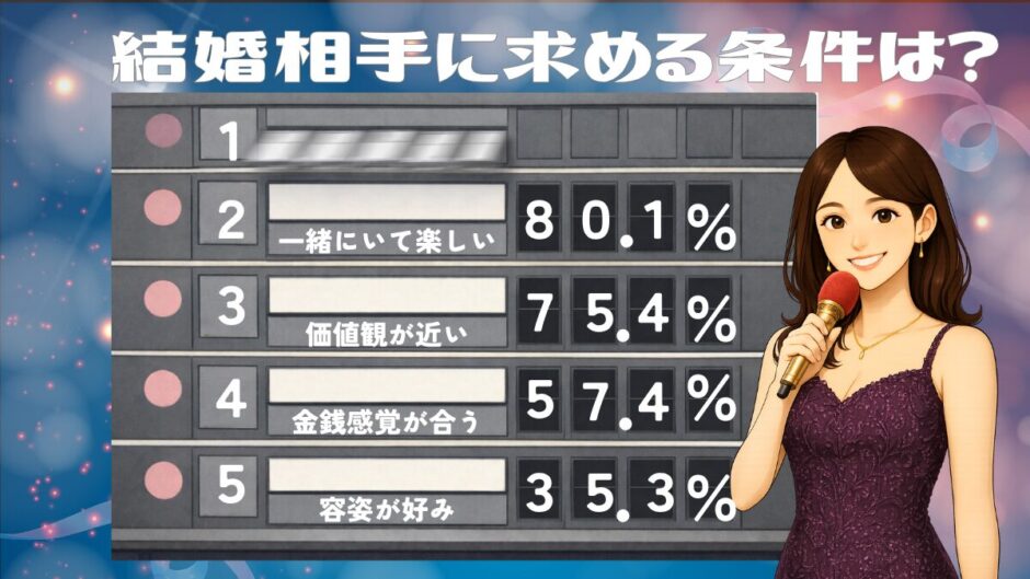 結婚相手に求める条件ランキングを発表する司会者の画像