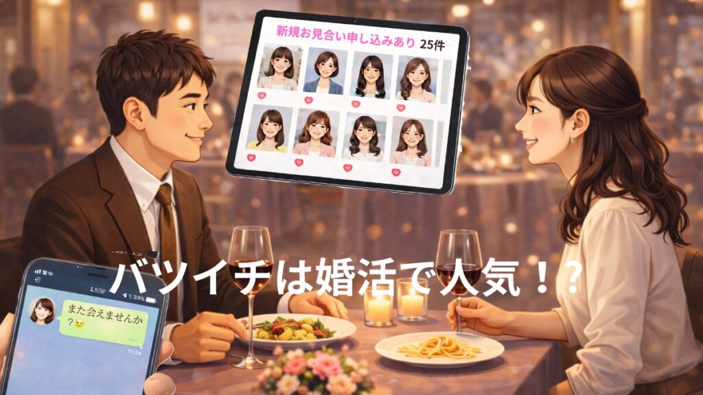 バツイチは婚活で人気　女性と食事するバツイチ男性の画像　お見合い申し込みや女性からのLINEがたくさん来ている