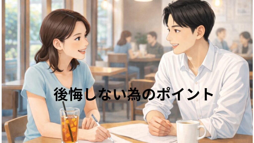結婚相談所での結婚に後悔しない為のポイント　よく話し合う、フィーリングも大切にする、自分の価値観を明確にする、仲人と相談
