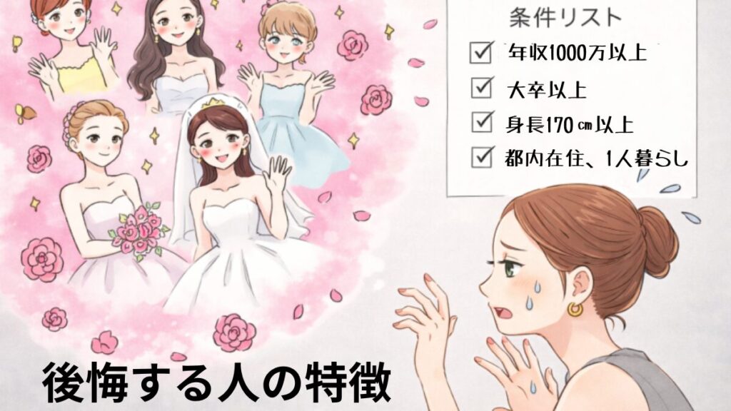 結婚相談所での結婚に後悔する人の特徴　焦って結婚を決める、条件だけで決める、価値観のすり合わせ不足、結婚の時期を決めなかった、周囲に相談せずに決めた