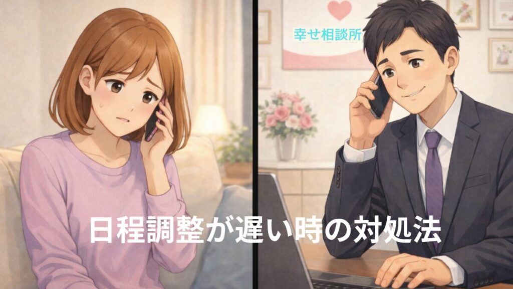 日程調整が遅い時の対応　仲人に電話で確認する婚活女性の画像