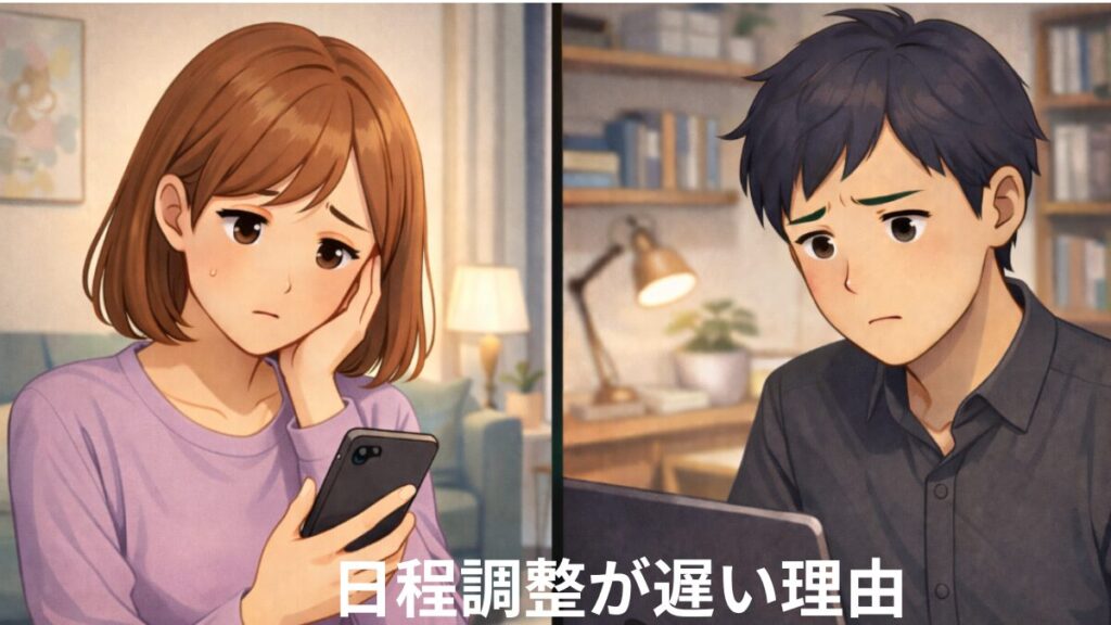 お見合いの日程調整が遅くなる理由　婚活アプリを見ながら日程が決まらないことに悩む男女の画像