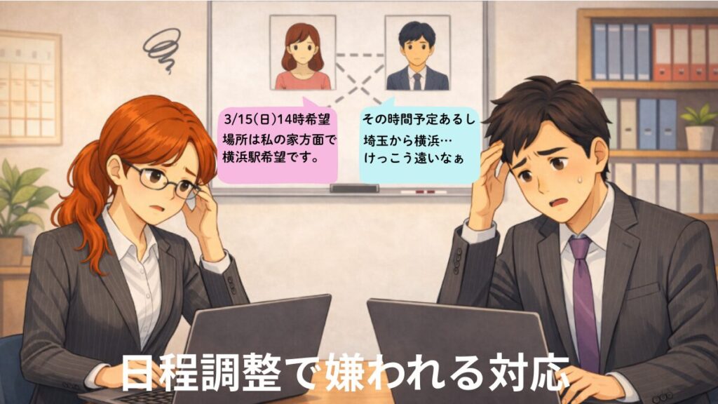 日程調整で嫌われる対応　ピンポイントの日時指定や、配慮のない場所指定は印象最悪。仲人も調整に頭を悩ませる