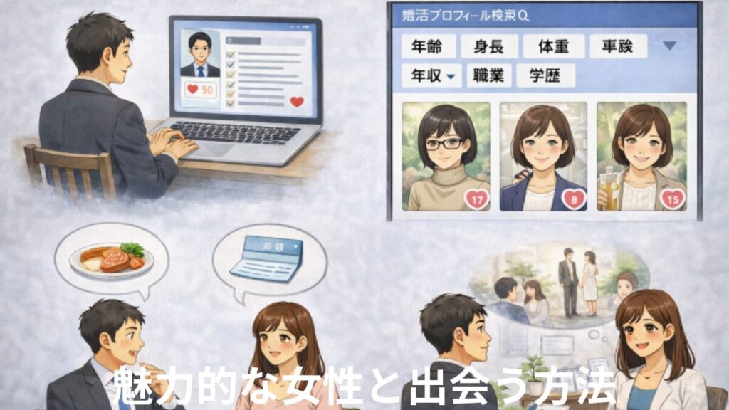 婚活で魅力的な女性と出会うには…プロフィールの見直し、検索条件を変える、仲人に相談する