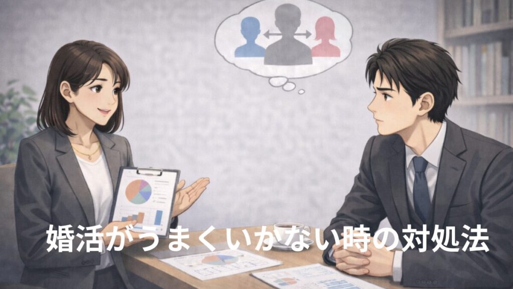 結婚相談所の仲人と一緒に婚活の振り返りと、上手くいかない原因の分析をする画像