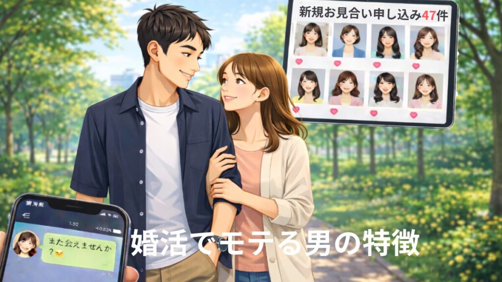 婚活で、たくさんのお見合い申し込みが来て、別の女性からもお誘いLINEが来ていて、仮交際相手とも順調に行っているモテる男性の画像