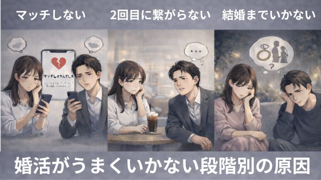 段階別の婚活がうまくいかない原因。①マッチしない②2回目以降に繋がらない③付き合っても結婚までいかない