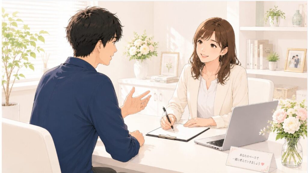 結婚相談所で相談している場面をイメージしたイラスト。男性が女性カウンセラーに悩みを相談しており、明るく清潔感のある空間で、パソコンやメモを使いながら話を聞いてもらっている。