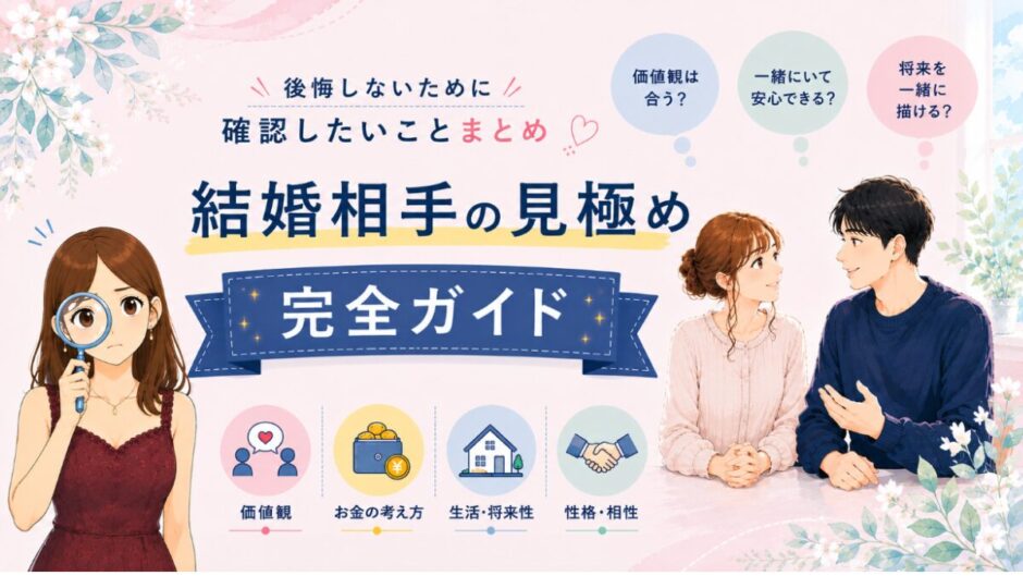 結婚相手の見極め完全ガイド 虫眼鏡を持って相手を観察する女性と、お互いに相手を見極める男女の画像