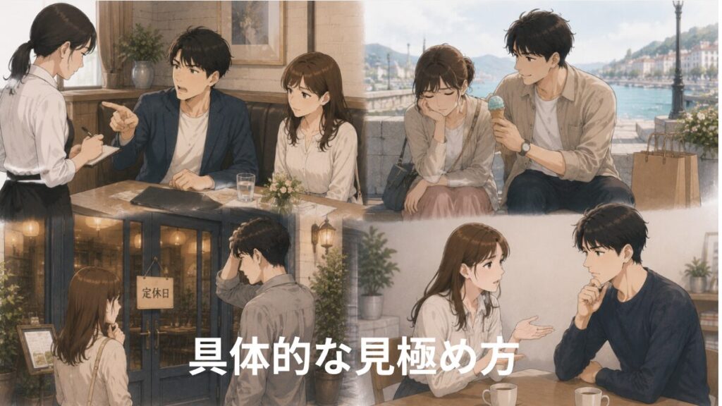 具体的な見極め方をイメージしたイラスト。店員への態度、旅行中の気遣い、定休日で困った時の反応、意見が違った時の話し合いなど、結婚相手を見極める場面が4つ描かれている。