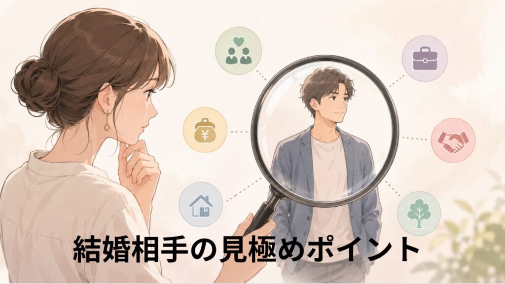 結婚相手を見極めるポイントをイメージしたイラスト。女性が虫眼鏡で男性を見ながら考え込んでおり、周囲には価値観・金銭感覚・生活・相性などを表すアイコンが配置されている。