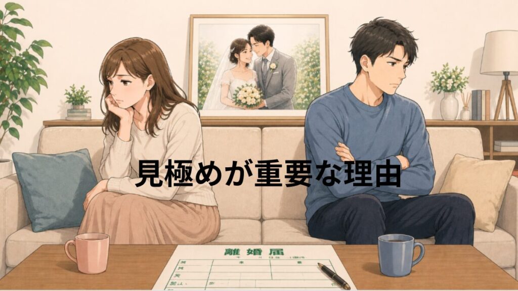 結婚相手の見極めが重要な理由をイメージしたイラスト。ソファに座った男女が背を向け合い、不満そうな表情をしている。テーブルには離婚届が置かれ、背後には幸せそうな結婚式の写真が飾られている。