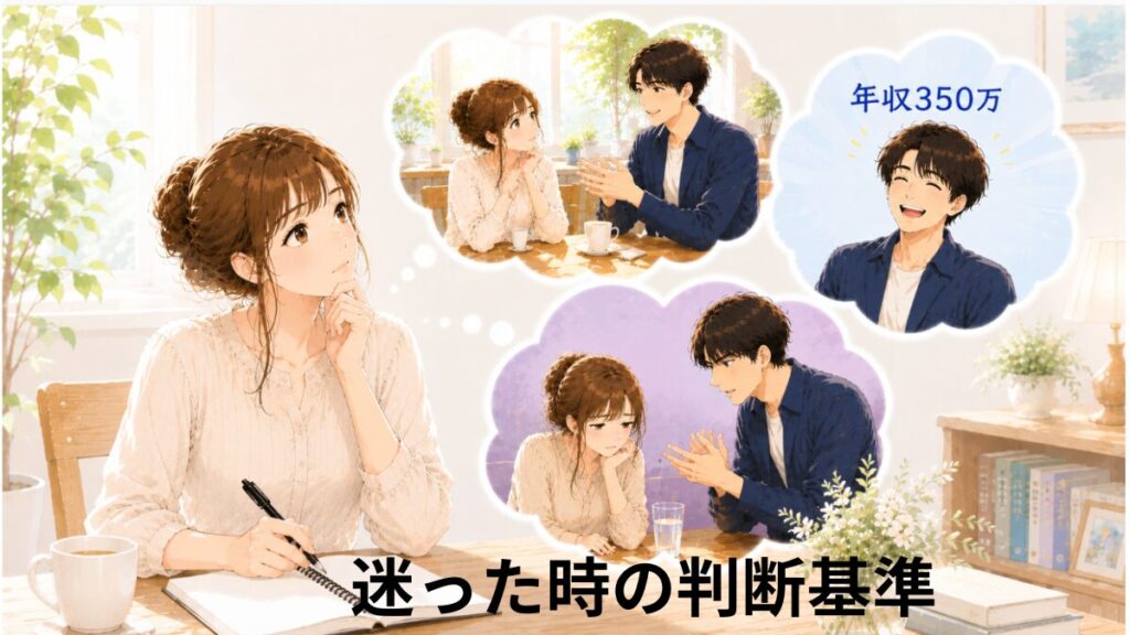 迷った時の判断基準をイメージしたイラスト。女性がノートに考えを書き出しながら悩んでおり、頭の中には会話中の男性、年収350万の笑顔の男性、きつい言い方をする男性との場面が浮かんでいる。