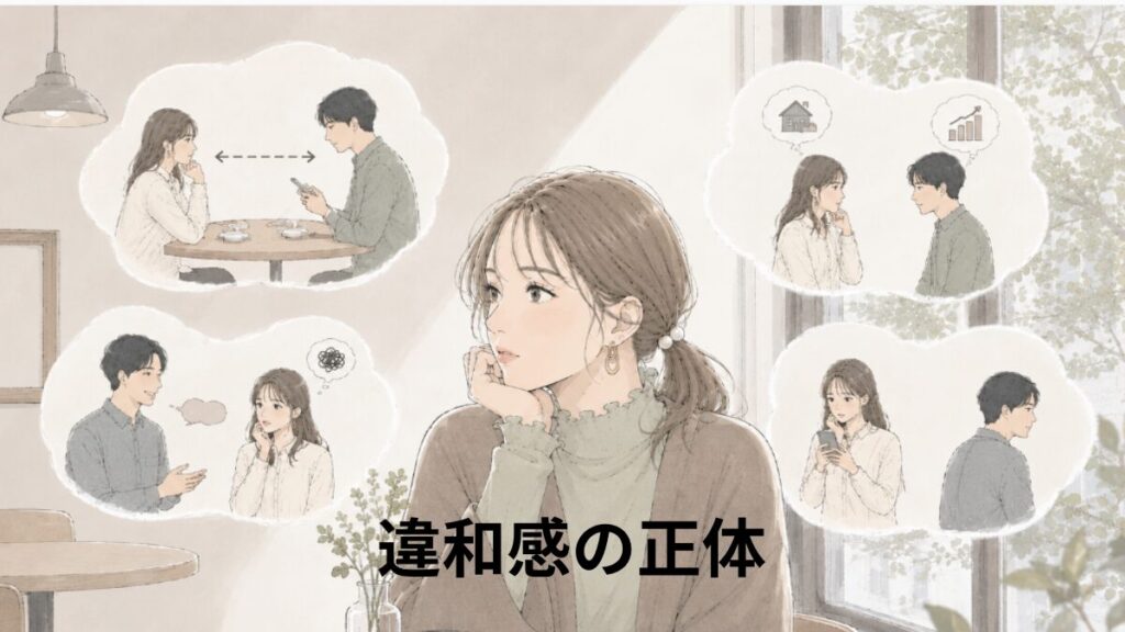 恋愛で感じる違和感の正体は何だろう？と悩む女性の画像