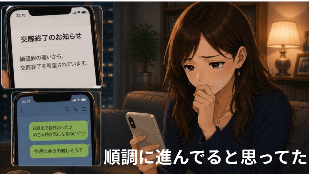 婚活で順調だと思っていたのに突然連絡が途絶え、交際終了のお知らせが来て落ち込む女性の画像