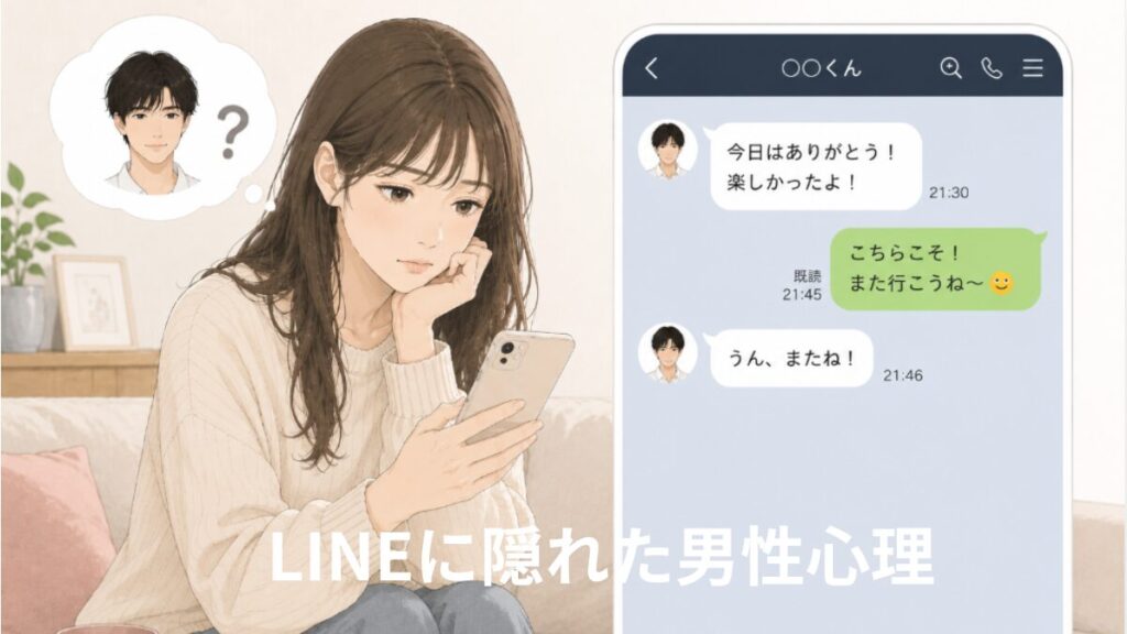 LINEの返信を見ながら男性心理がわからず悩む婚活女性のイラスト