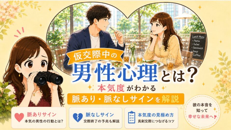 仮交際中の男性の本気度を双眼鏡で観察する女性と、ランチデートを楽しむ男女のイラスト