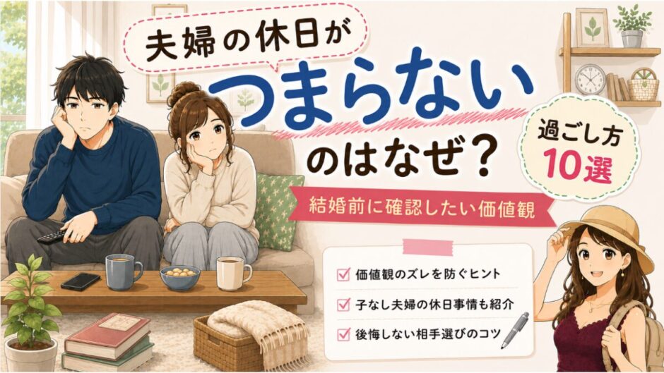 夫婦の休日がつまらない理由や過ごし方、結婚前に確認したい価値観を解説するイラスト