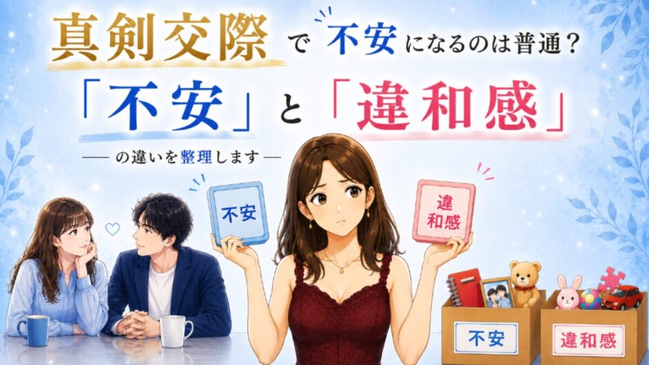 真剣交際で不安になる女性が、不安と違和感の違いを整理している婚活イラスト