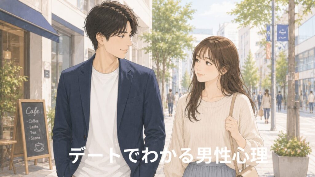 デートでわかる男性心理を表現したイラスト。街中を歩きながら会話する婚活中の男女