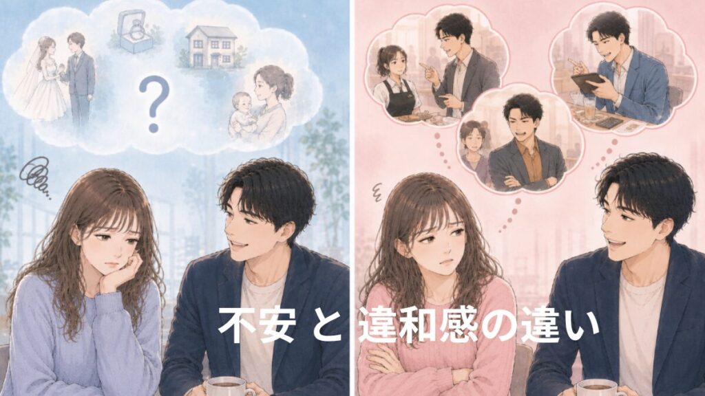 真剣交際中の男性に対する不安と違和感の違いをイメージした比較イラスト