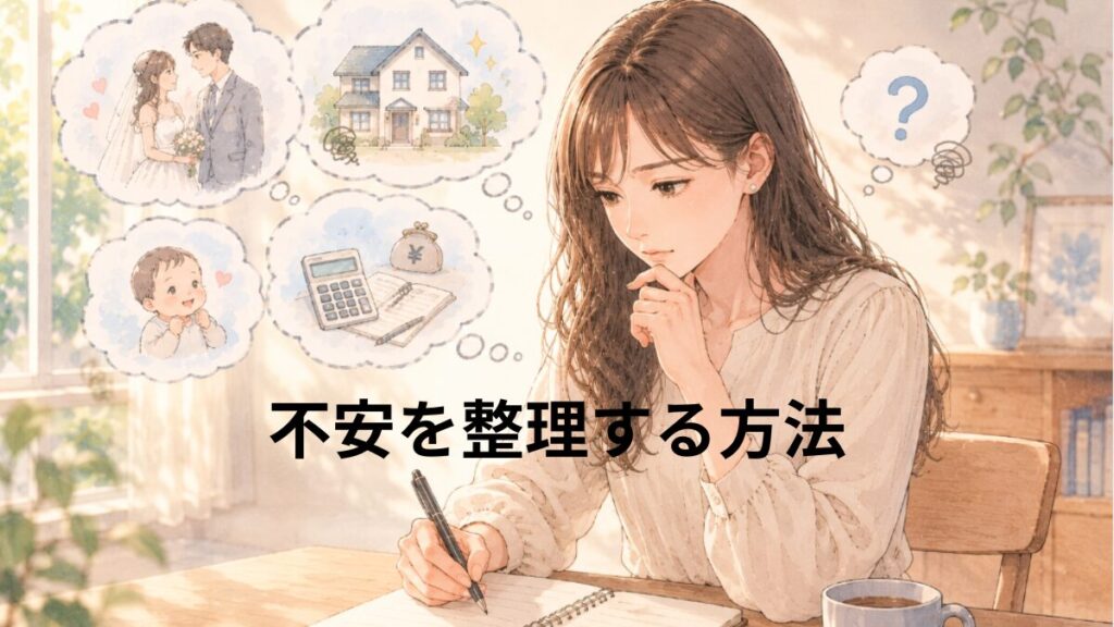 真剣交際への不安をノートに書き出しながら、自分の気持ちを整理する女性のイラスト