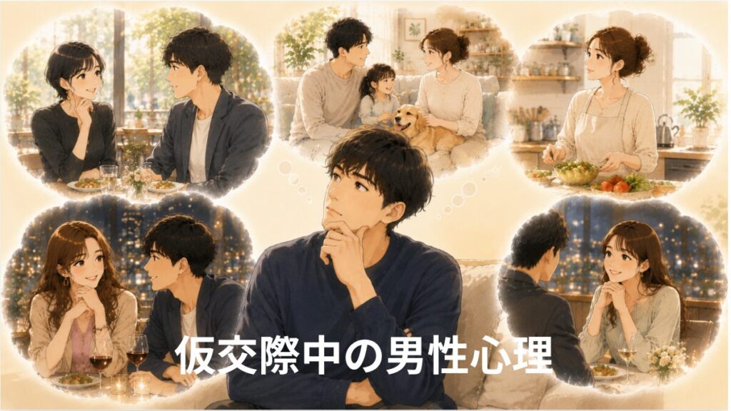 仮交際中に結婚相手として女性を見極めながら将来を考える男性のイラスト