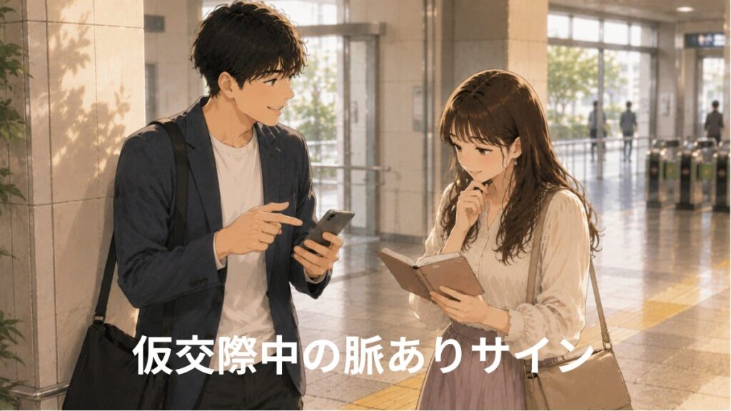 改札近くで次回のデート予定を相談する男女のイラスト
