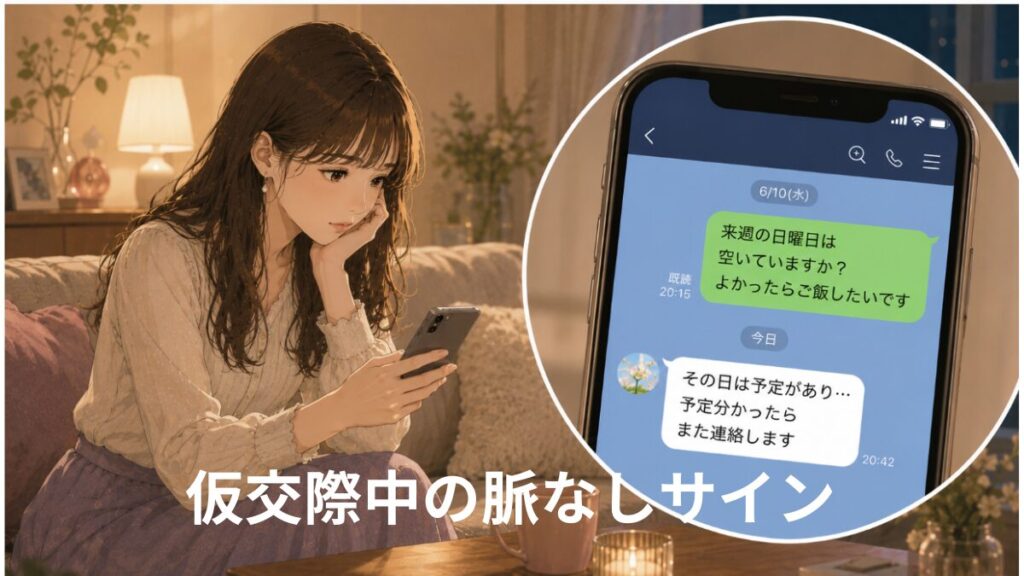仮交際中に日程調整をはぐらかすメッセージを受け取った女性のイラスト