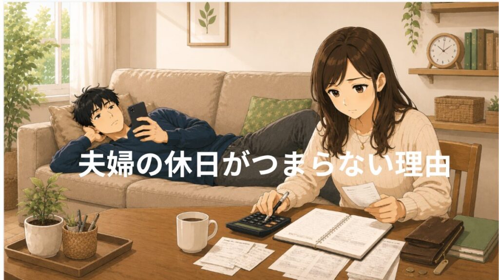 ソファで寝転がりながらスマホを見る男性と、家計簿やレシートを確認しながら電卓を使う女性のイラスト。夫婦の休日に価値観の違いや会話不足、時間やお金の余裕のなさを感じている様子を表現している。