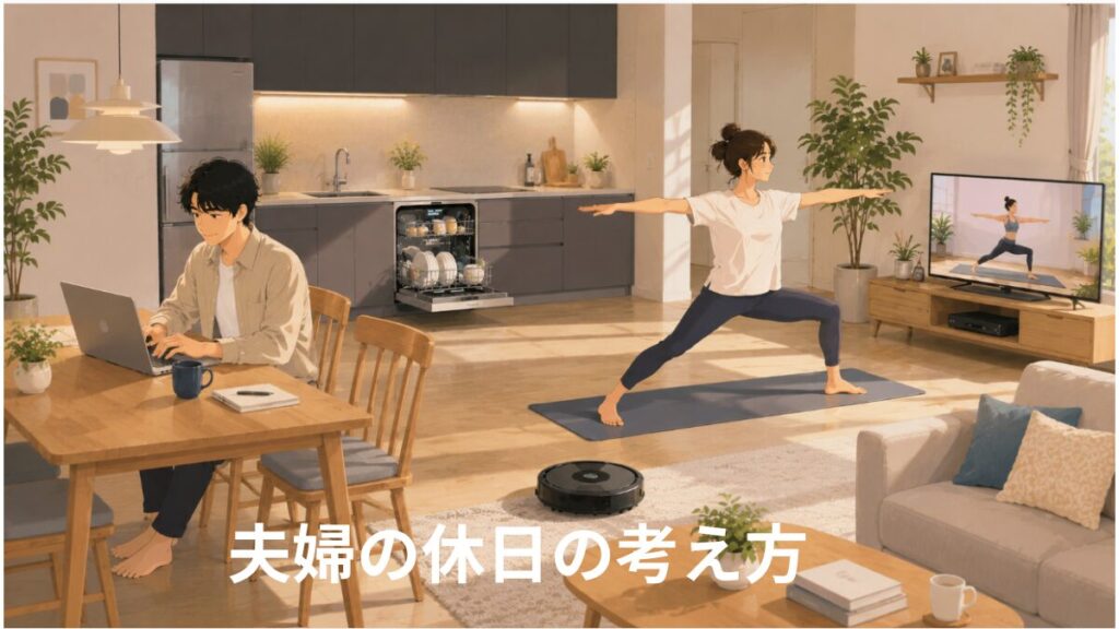 夫婦がお互いの価値観を尊重しながら休日を過ごすイラスト。男性は作業、女性はヨガを楽しみ、ロボット掃除機や食洗機で家事を効率化している様子を描いている。